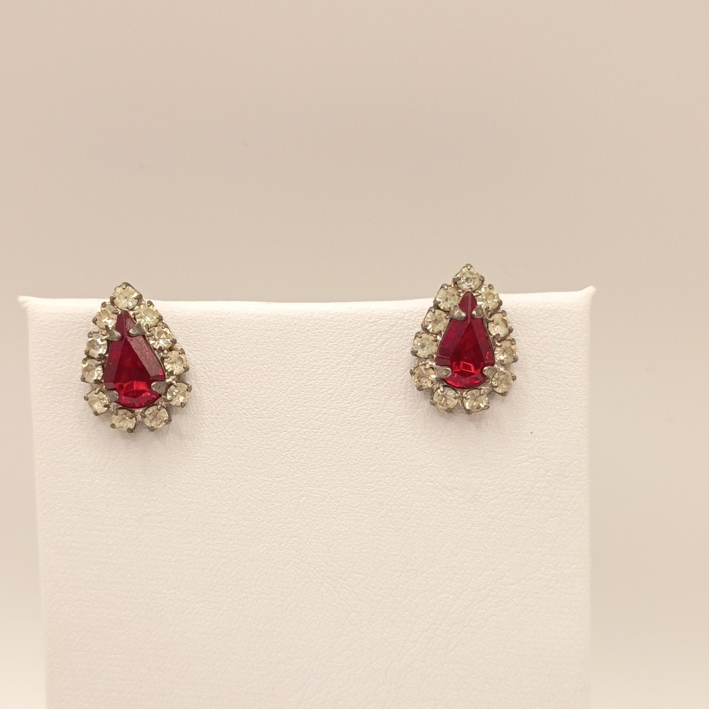 Vintage Red Pear Cut Rhinestone Silver Tone Halo Stud Earrings