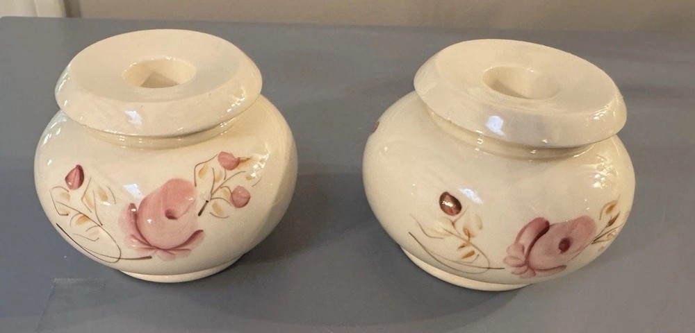 Vintage Hand Painted Ceramic Floral Candle Holders Pair Pink Rose Taper Pair MCM