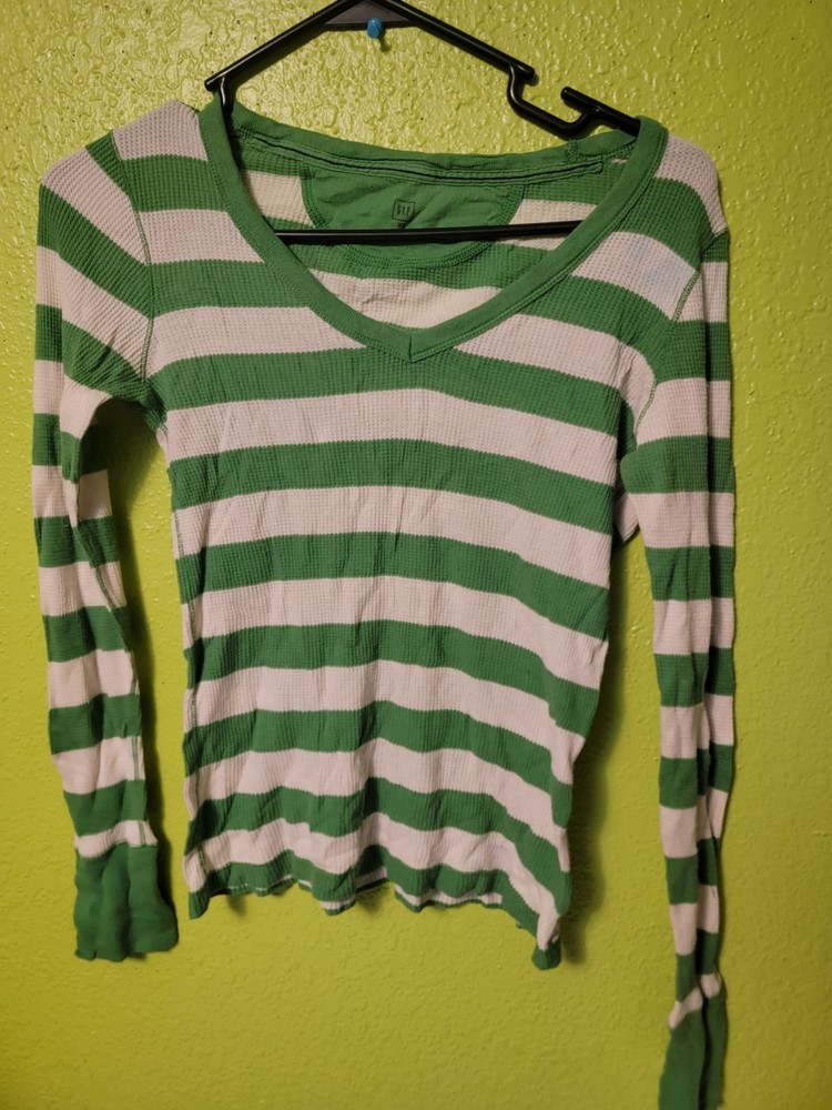 Womens Top Thermal GAP Xs Green White Striped Long Sleeve