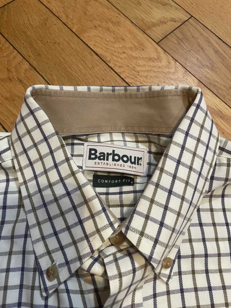 Barbour Men's Comfort Fit White Plaid Long Sleeve Button-Down Shirt Size Medium