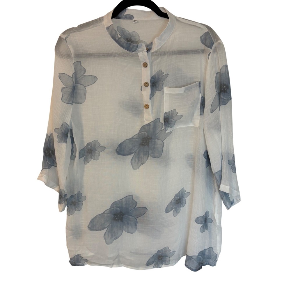 Floral Tunic Blouse White Blue Textured Sheer Fabric 3/4 Sleeve XL casual island