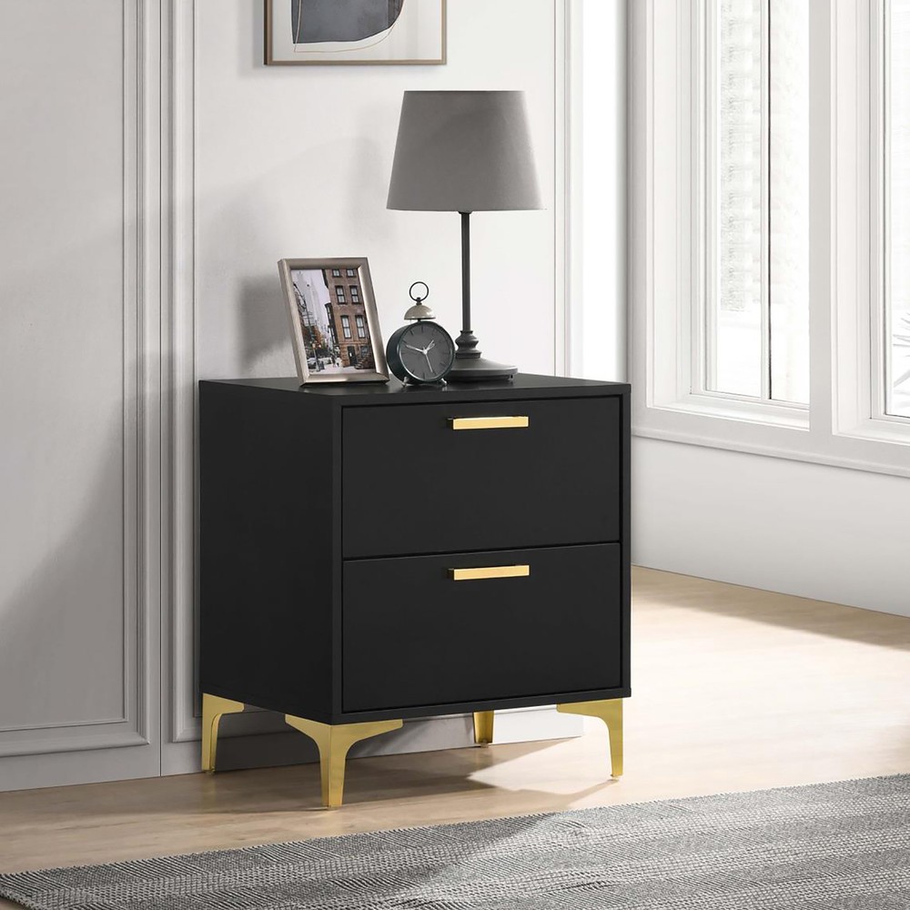 Stylish Black and Gold 2-Drawer Rectangular Nightstand for Modern Bedrooms