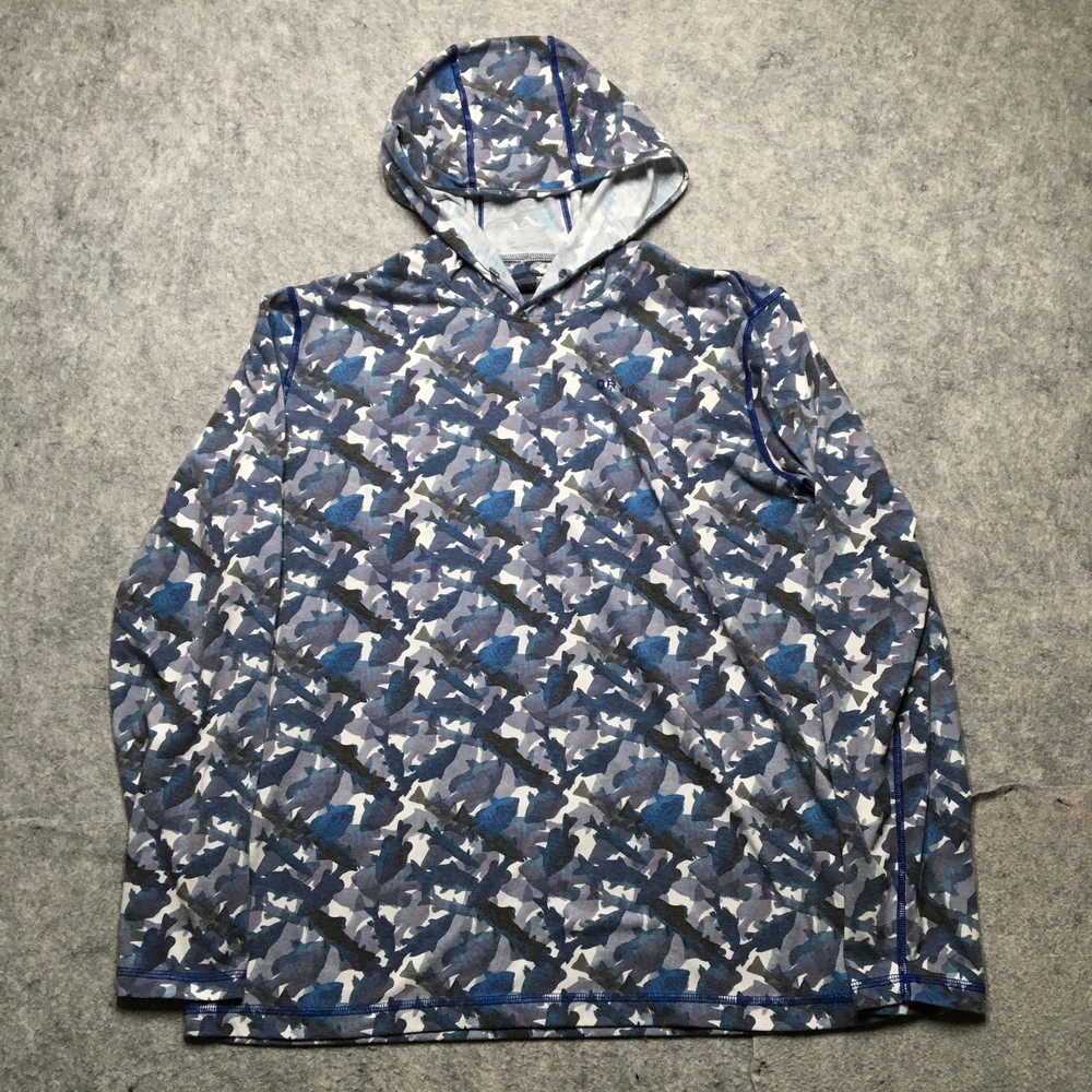Orvis Hooded Shirt Mens Large Blue Fish Camo Long Sleeve Fishing Tee Performance