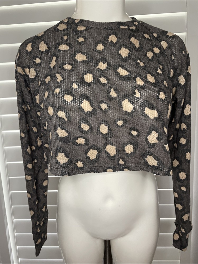 New Juniors Forever 21 Charcoal Gray Leopard Long Sleeve Crop Sleep Top Size S