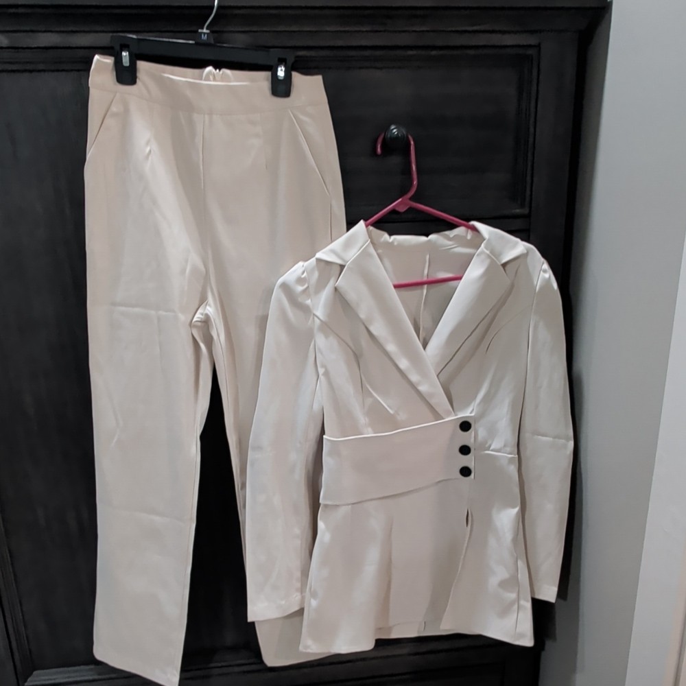 SheIn Ivory Blazer & Pants Set, Size S, Viscose Polyester, Business Formal