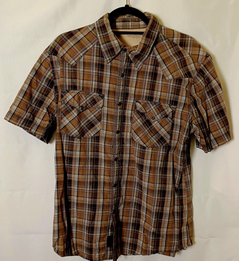 Calvin Klein Shirt Men's Size Large Brown Plaid Snap Button Western Short Sleeve