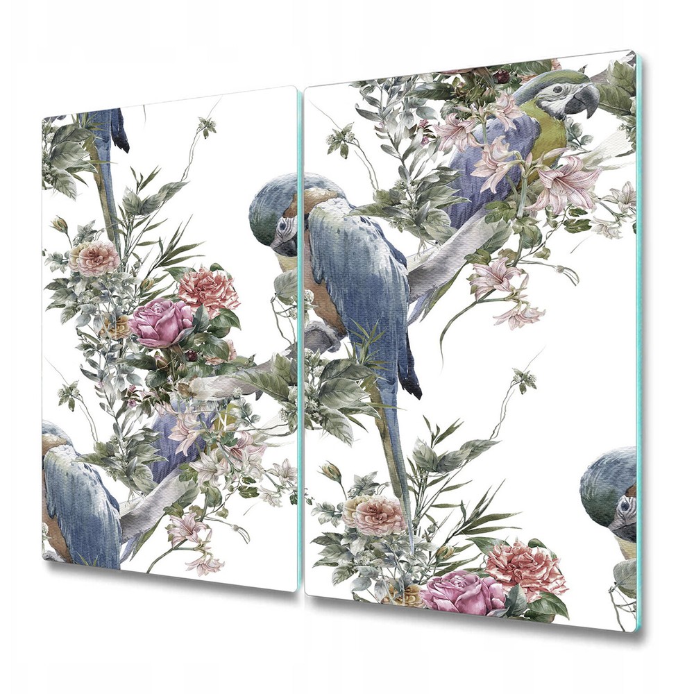 Glass Kitchen Chopping Board Parrots with tropical flowers blue and white