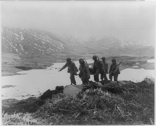 Attu Alaska Aleutian Islands 1943 GIs Carry Wounded on Stretcher Capture