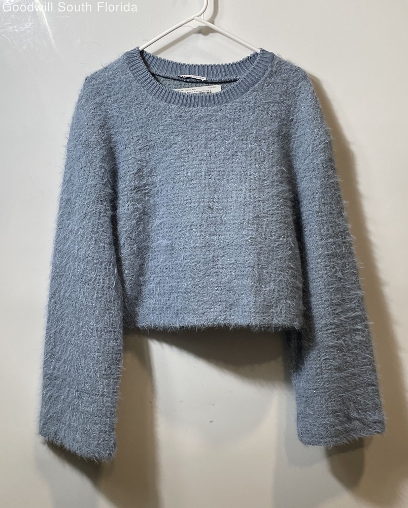 Zara Womens Blue Fuzzy Long Sleeve Crew Neck Cropped Pullover Sweater Size M