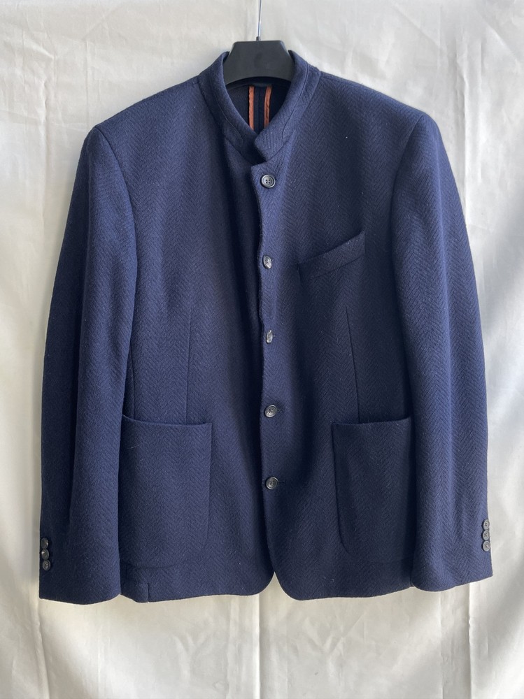 Hackett Textured Herringbone Navy Mandarin Collar Blazer Size EUR 52R/ UK/US 42R