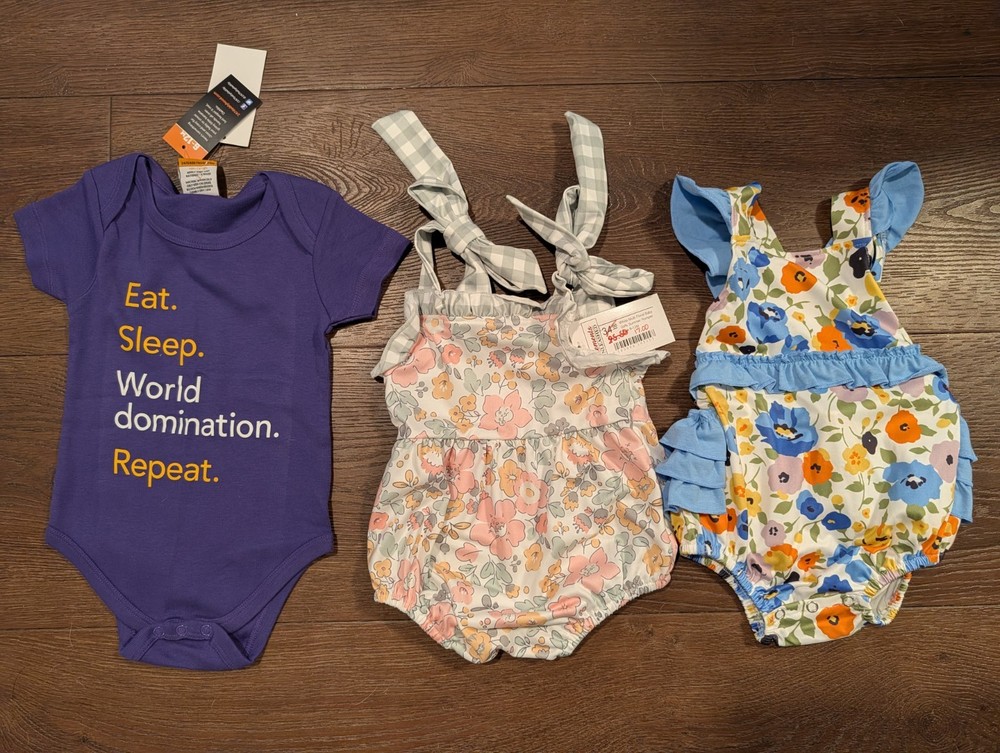 NEW WITH TAGS Baby Girl Infant Size 6-12 Months Set of 3 Bodysuits One Piece Set