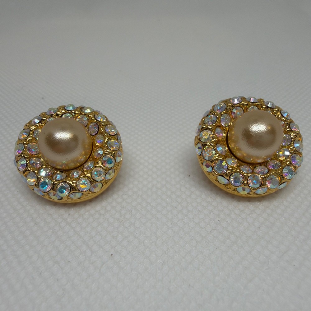 Joan Rivers Gold Tone Faux Pearl & Aurora Borealis Rhinestone Clip-On Earrings