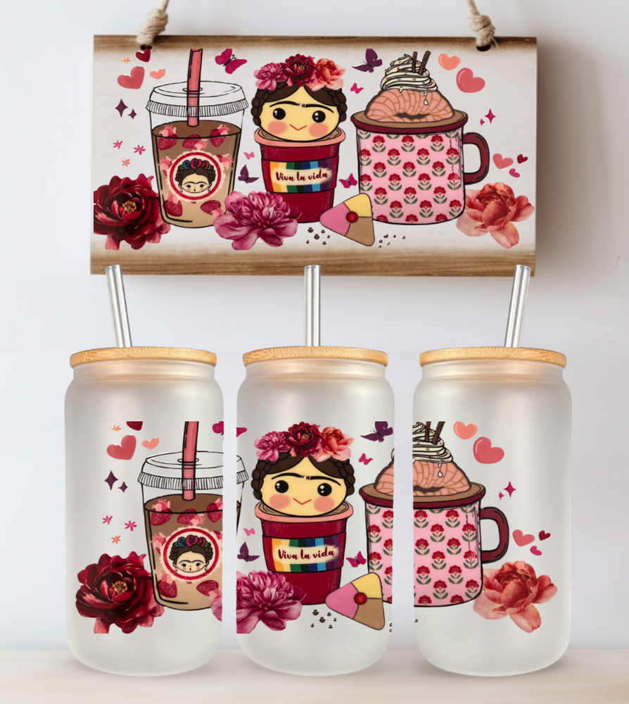 Baby Frida 16oz Glass Beer Can, Bamboo Lid Glass Straw, Iced Coffee Tumbler