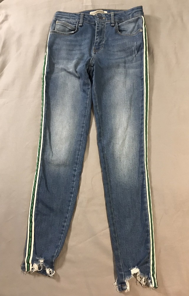 Zara Basic Z1975 Denim Jeans Womens 4 Blue White Green Side Stripe Distressed