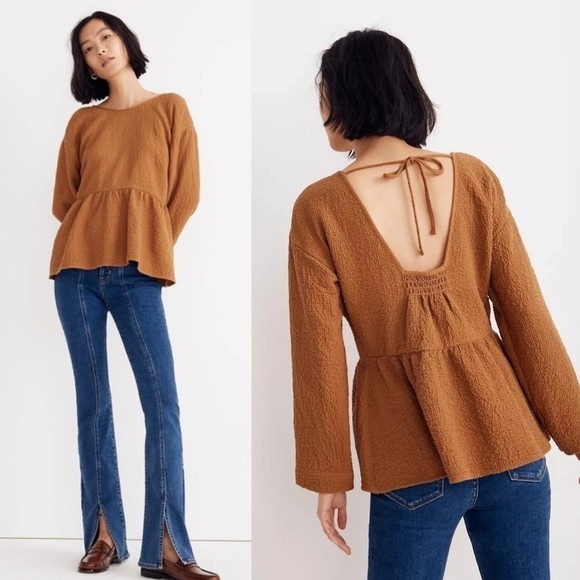 Madewell Size XL Open-Back Peplum Long Sleeve Top in Toffee Brown Relaxed Fit