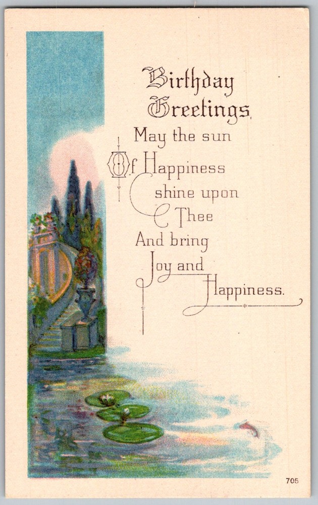 Antique Postcard Birthday Greetings Lily Pond 1910s
