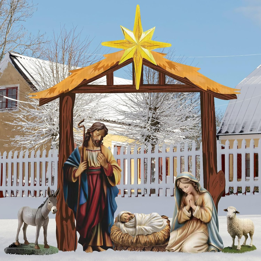 6 Pcs Christmas Outdoor Nativity Set 6.7Ft Large Manger Christmas Yard Signs Nat