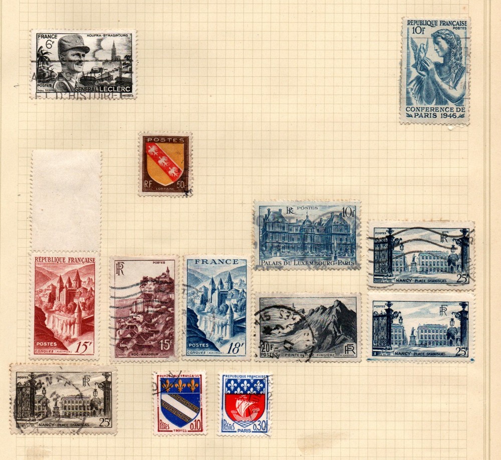 France album page random selection of 13 middle period mounted stamps.