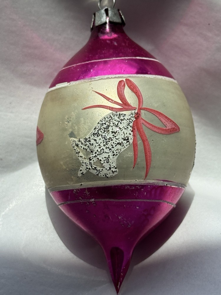 Vintage Poland Pink Teardrop  Mica Bell Bow Mercury Glass Christmas Ornament