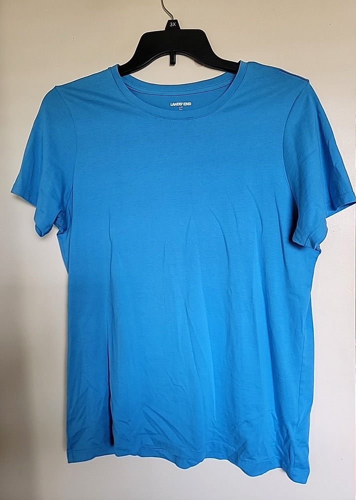 Lands End Women Top Large Tall Blue Cotton  Short Sleeve Crew Neck T-Shirt