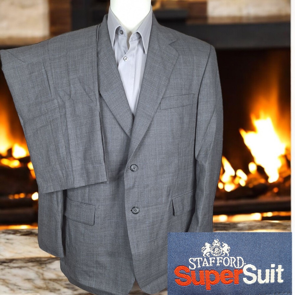 Stafford Super 2 Piece Suit Mens 44S 34X27 Gray Plaid Wool
