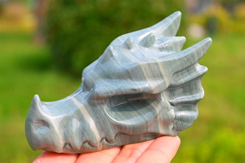 4'' Carved Natural Dushan jade dragon head reiki crystal Skull Decor Gift 1pc