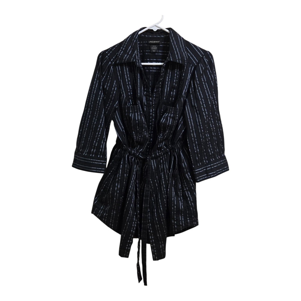 Lane Bryant Belted Waist Blouse Size 16/18 Dark Blue With Stripes Career Casual