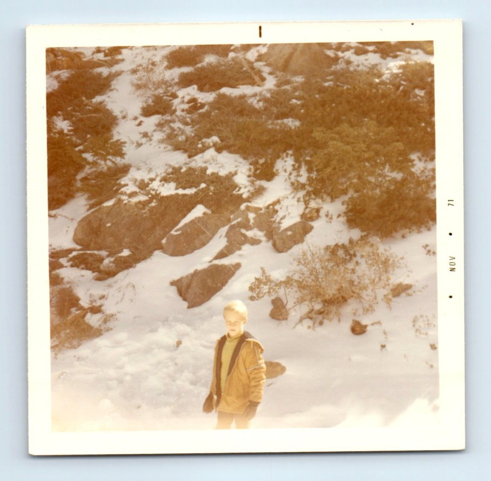 Old Vintage Square Color Photo SOLO BOY IN SNOW WINTER SCENE SNAPSHOT PIC