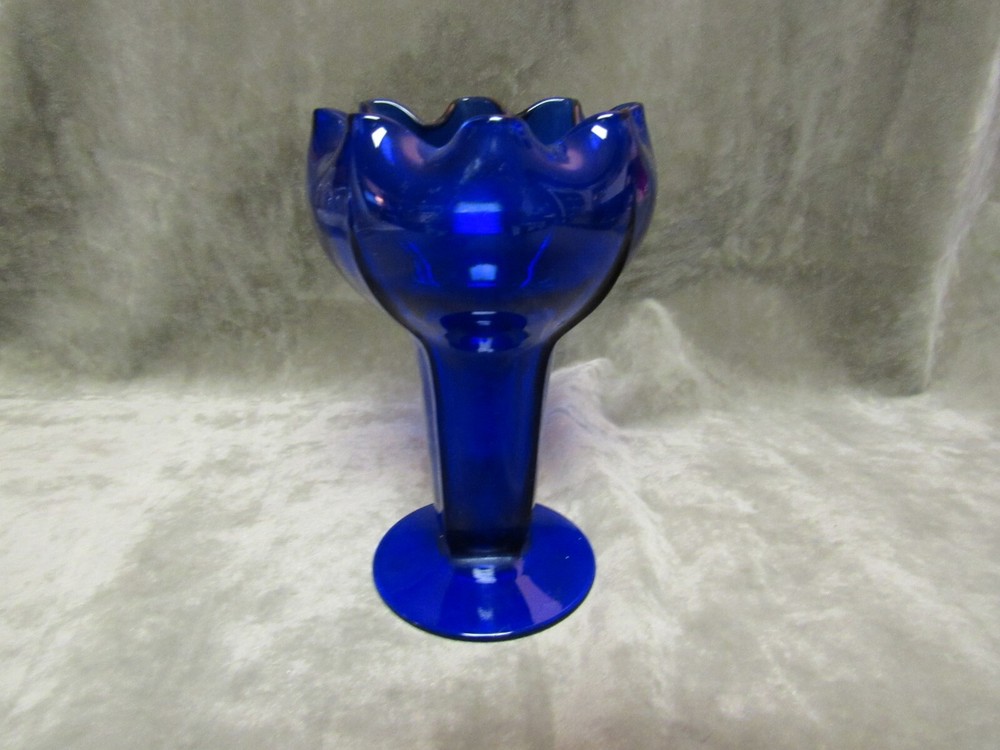 Vintage 1930's New Martinsville Cobalt Blue Ruffled Top Footed Vase Goblet Shape