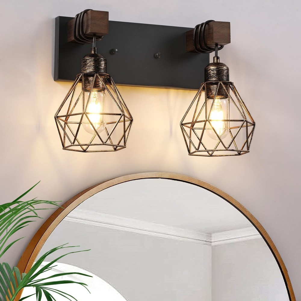 Farmhouse Vanity Light for Bathroom, 2-Light Black Gold Wood Bathroom Vanity ...