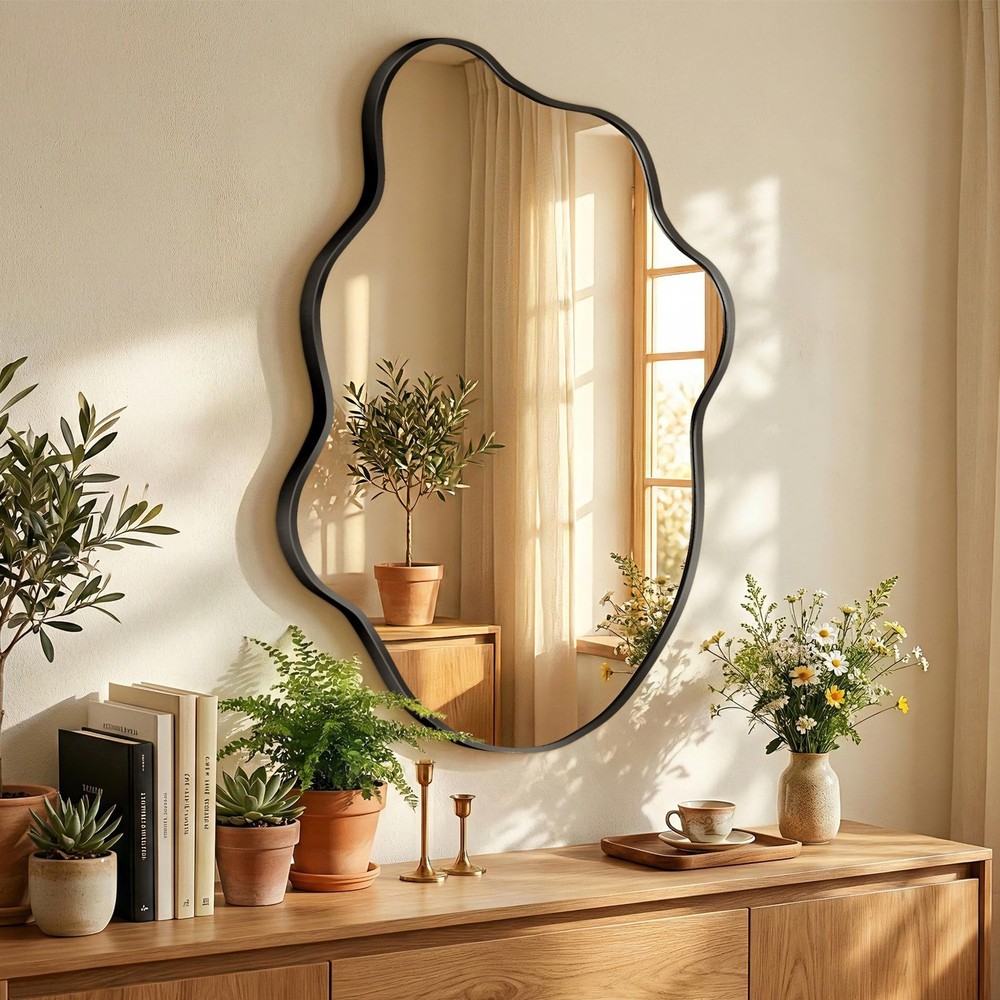 Black Mirror Irregular Wall Mirror, Asymmetrical Mirror, Irregular Bathroom M...