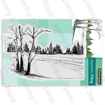 New Penny Black Rubber Stamp trees lake PANORAMA LANDSCAPE  free USA ship