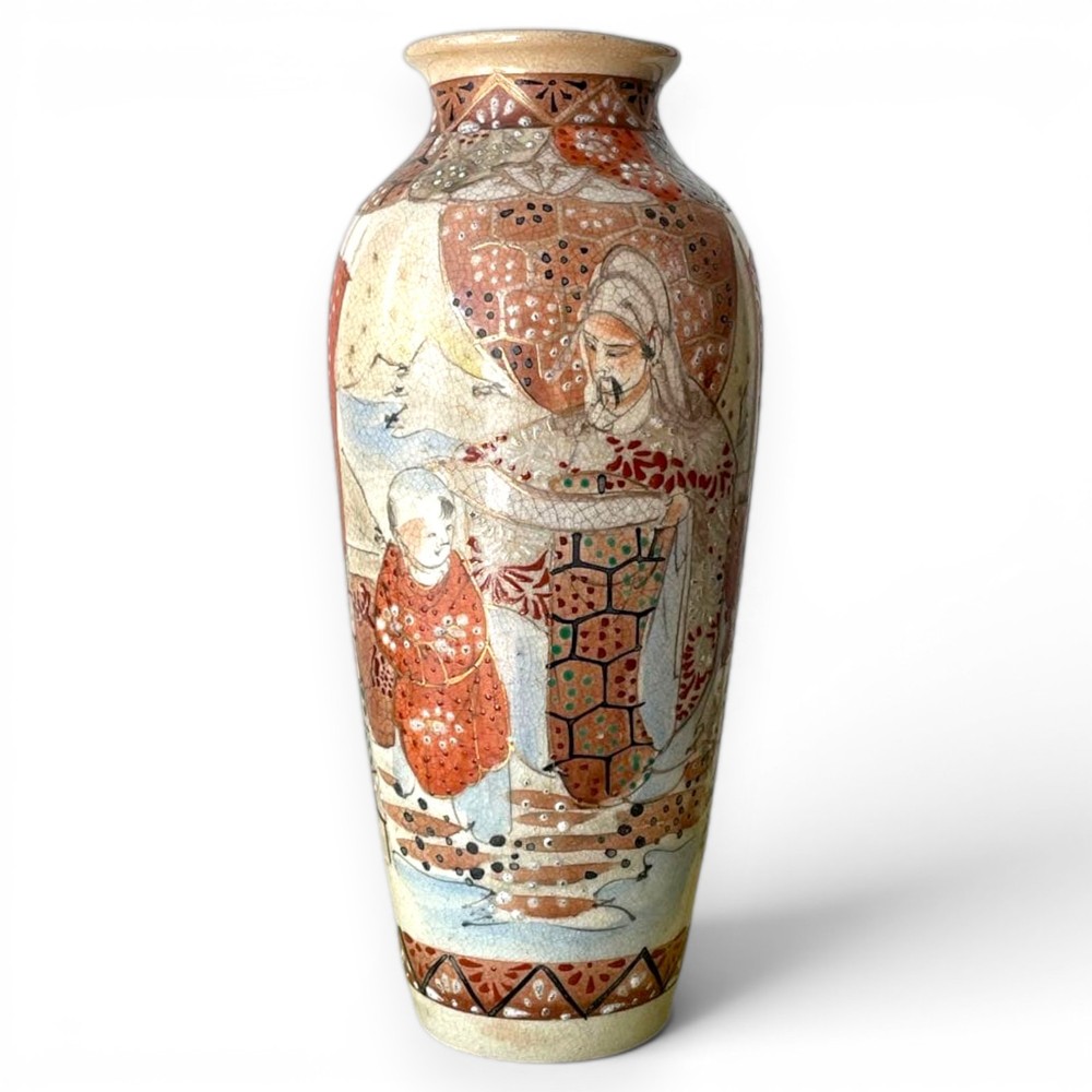 Antique Satsuma Vase Meiji Period Japanese Ceramic Jar Vessel Sage 8.6 inch