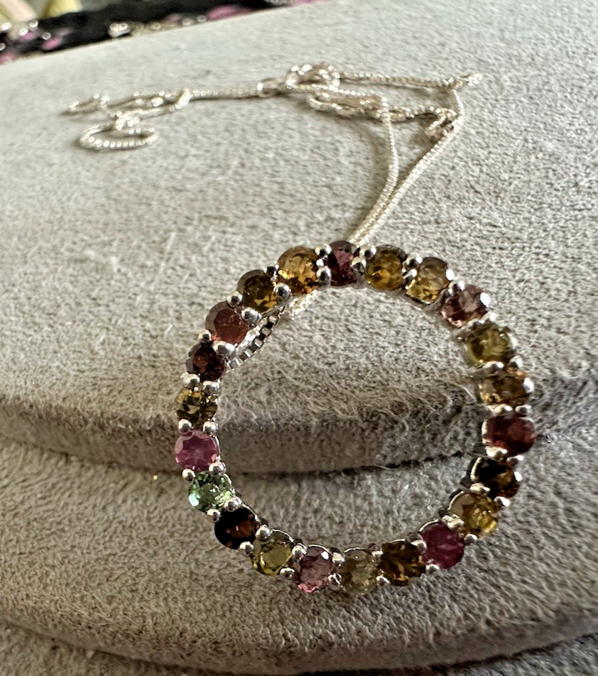Sterling Silver Multi Gemstone Circle Pendant Necklace 18