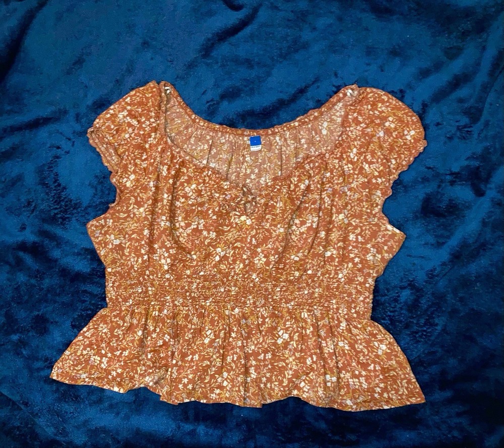 Old Navy Women's L  Orange Floral Ruffle Sleeve Smocked Waist Blouse