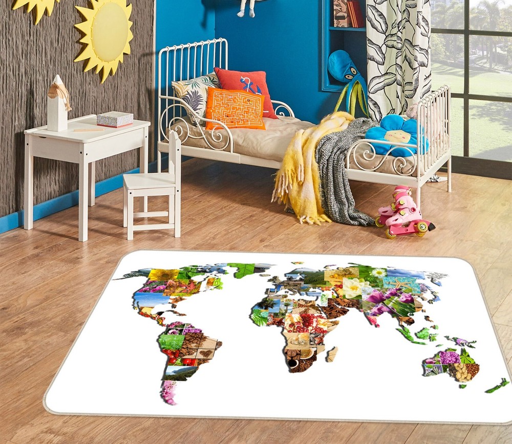 3D Nature Flowers World Map Non-Slip Rug Elegant Photo Carpet Romy 357BNO