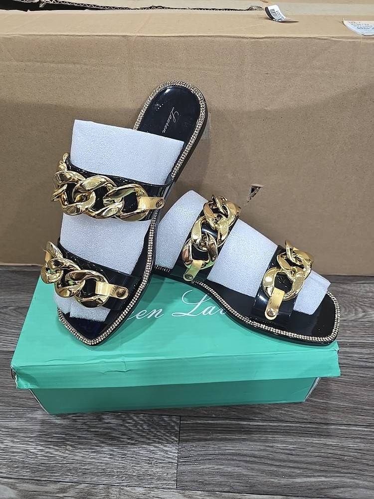 Lauren Lorraine Womens Size 7 Black Jelly Slide Sandals Gold Chain Rhinestone