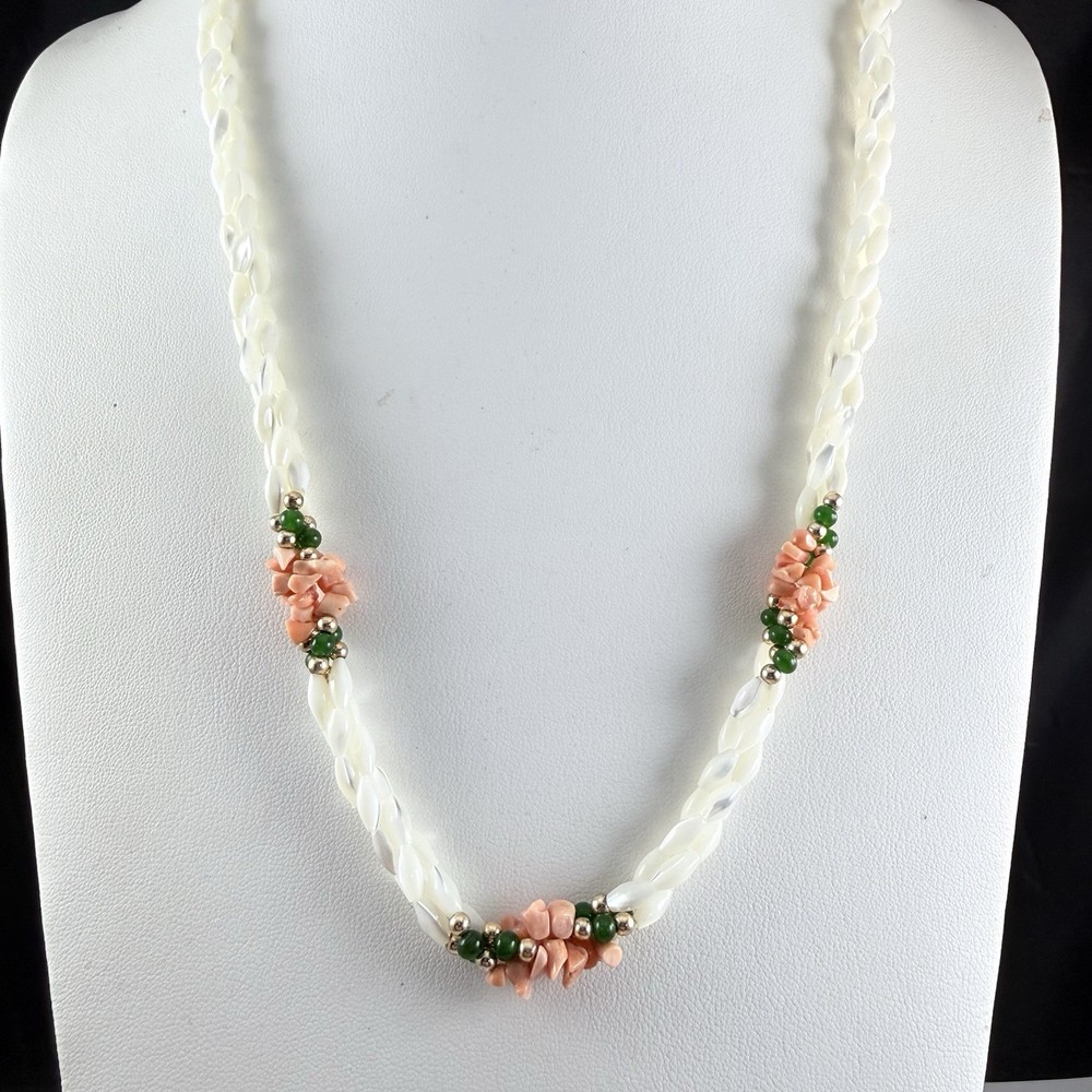 Vintage Mother of Pearl Coral Jade Beaded Twisted Necklace Gold Tone 24