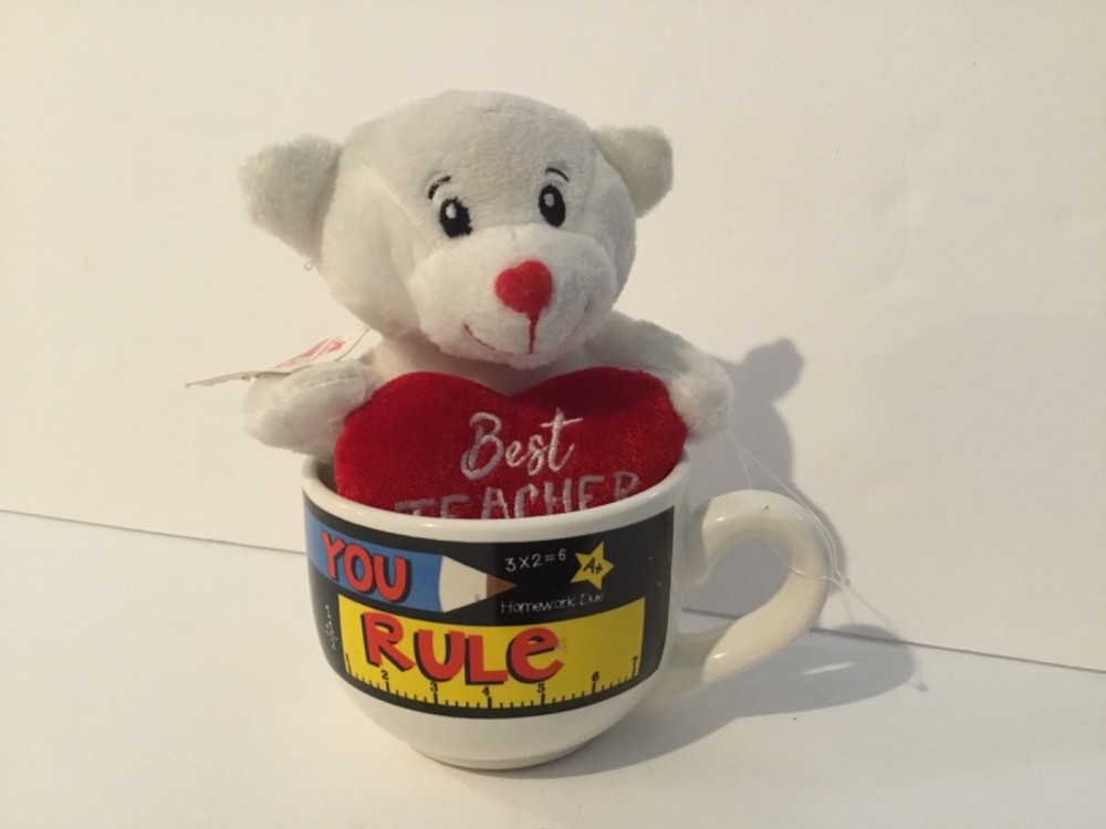 Coffee mug with bear. Valentine heart pillow. Best teacher.  You rule.