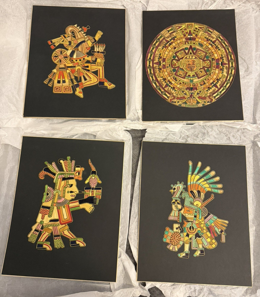 Set of Four-VTG Authentic Mexican Popotillo Straw Folk Art, Aztec Deity