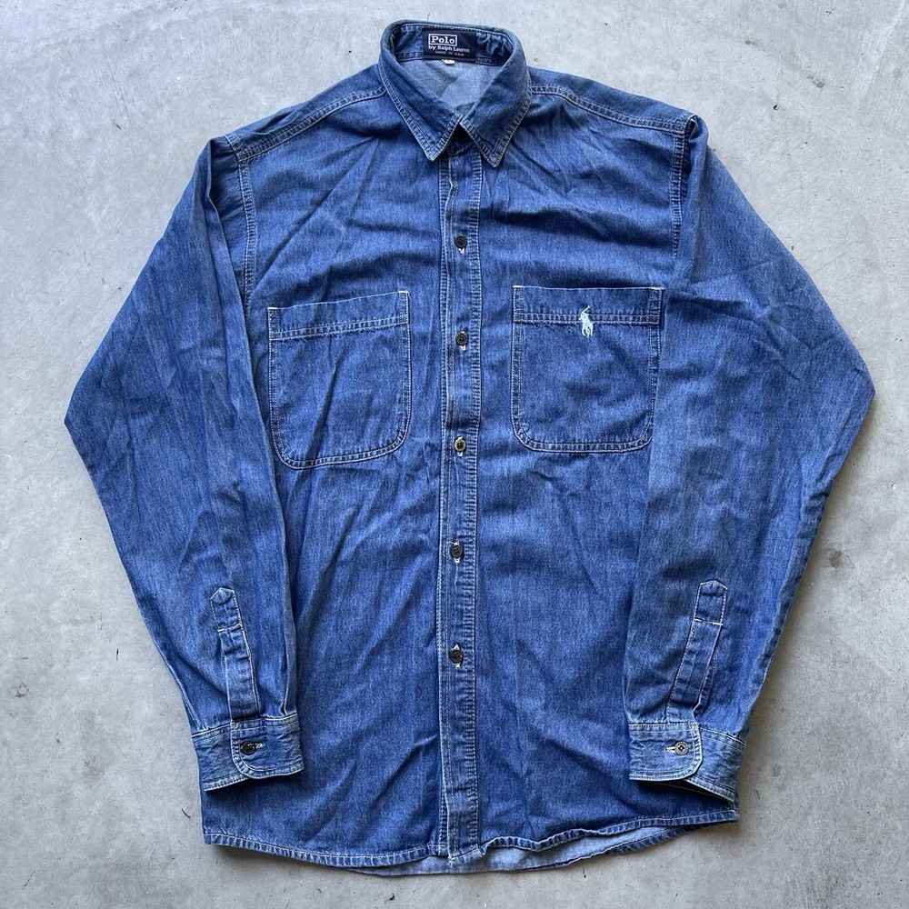 Polo Ralph Lauren Shirt Blue 80s Vintage Denim Button Down Large Made In USA