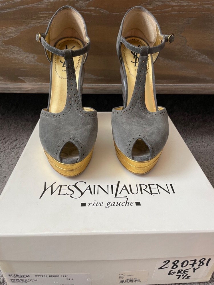 Vintage YSL Grey Suede Gold Silver Wedge T-Strap Heels Size 37.5 $995