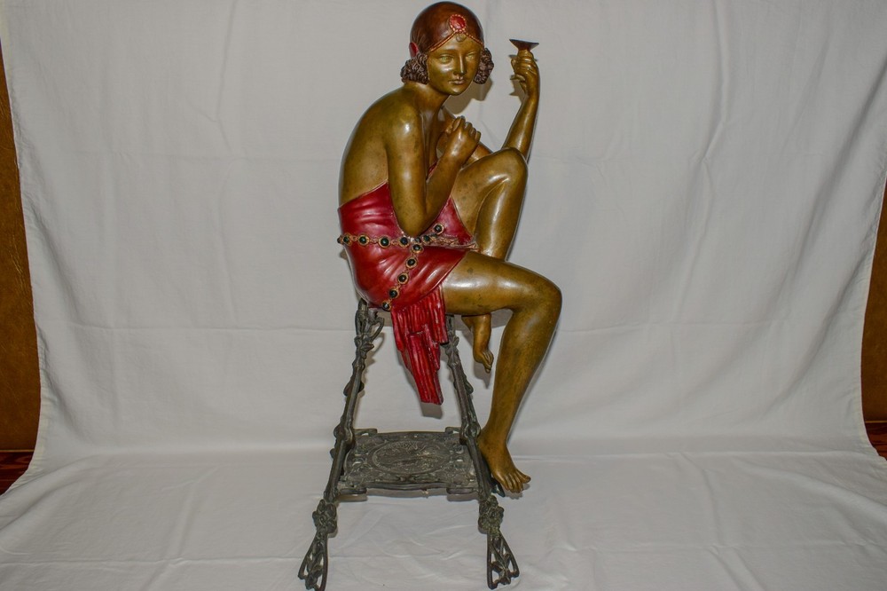 Art Deco Bronze Woman on Stool Sculpture 30 Inches Tall in Red Dress Vintage Style