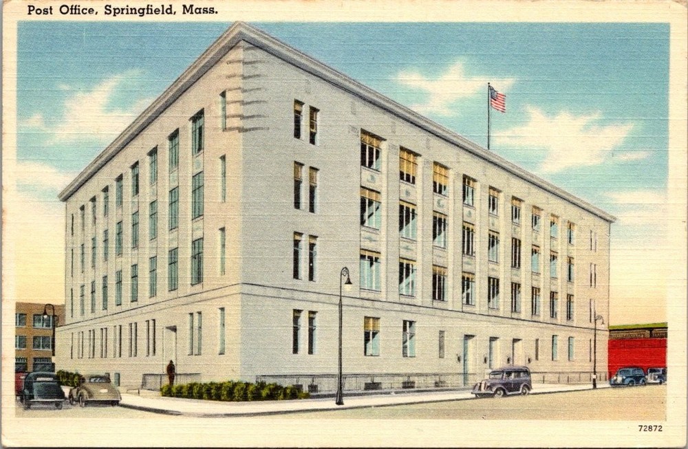 1946 Post Office Springfield Massachusetts Linen Postcard Vintage Cars CT Co