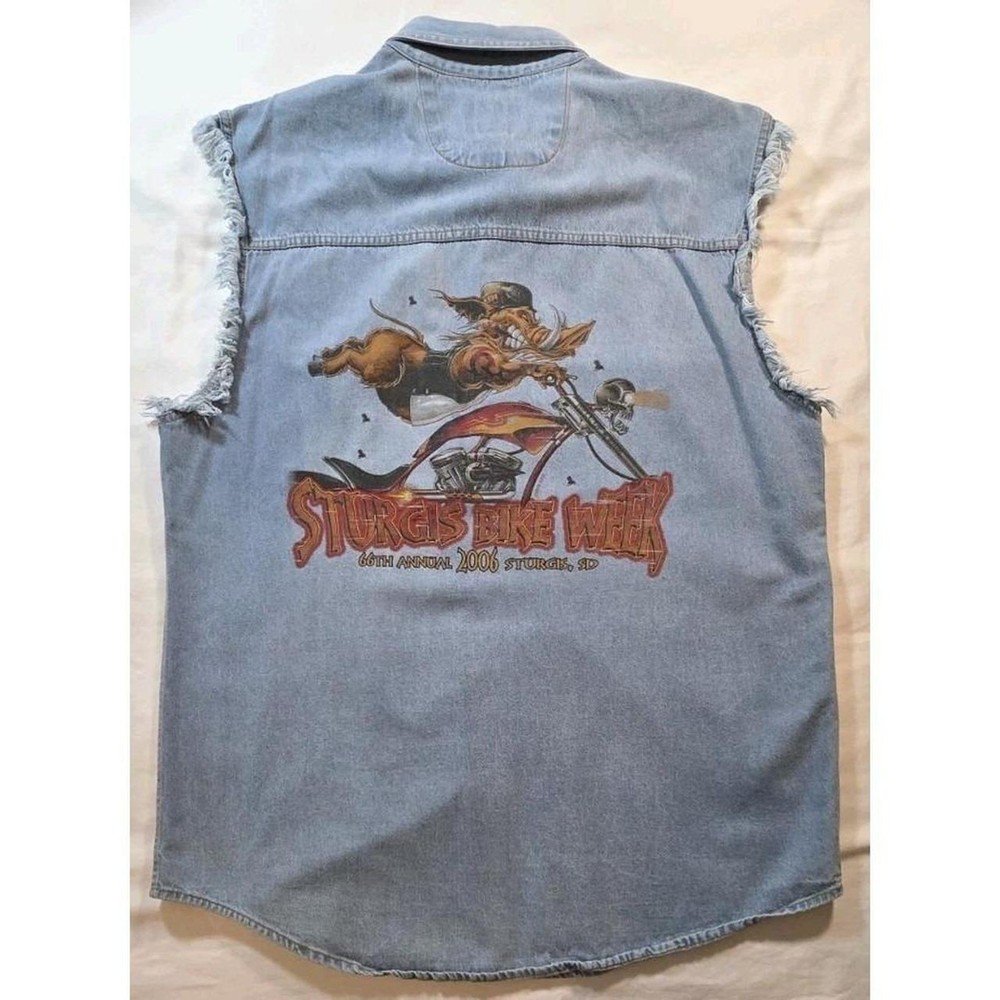 USA Biker Design Mens XL Sturgis 2006 66th Annual Bike Week Frayed Denim Shirt