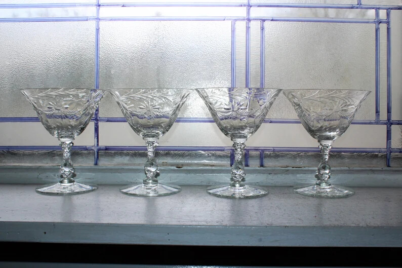 4 Cambridge Cut Glass Achilles Low Sherbet Vintage Stemware-image