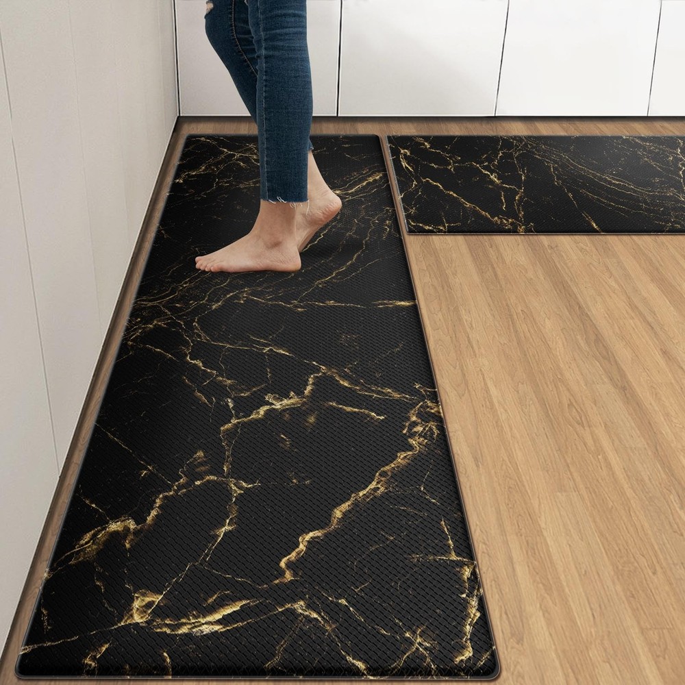 Anti-Fatigue Kitchen Rug Set of 2 Cushioned Marble Black Gold Abstract Floor Mats