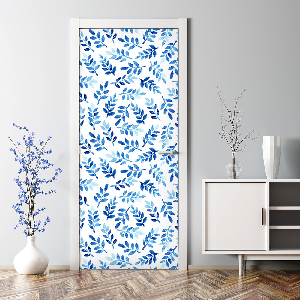 Blue Watercolour leaves Bubble Free blue Door Decal Reusable self adhesive