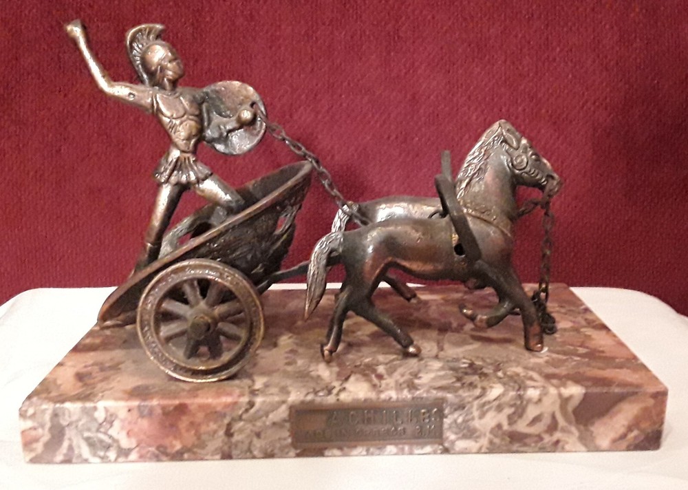 Vintage Achilles Bronze Sculpture Chariot Gladiator on Marble - Made In Greece-image