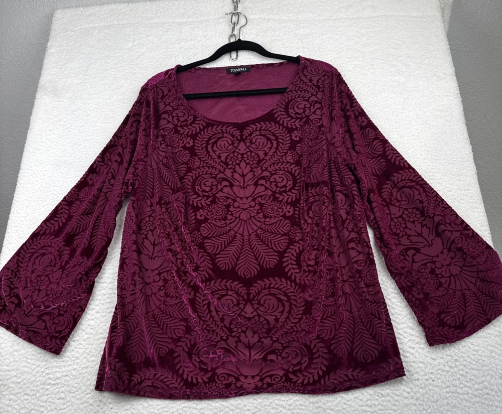 Roz Ali Womens Velvet Burnout Whimsigoth Top 2X Red Fairy Grunge Bell sleeves